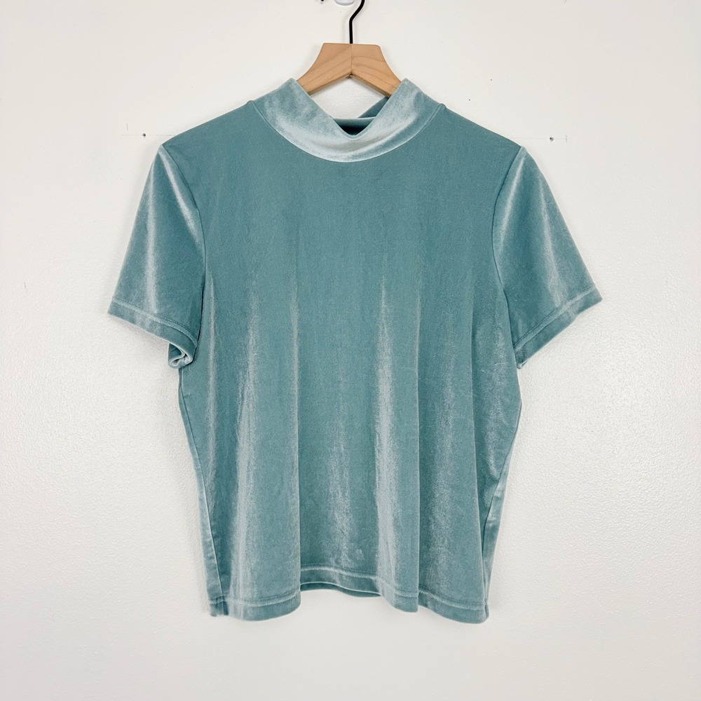Madewell Velvet Velour Mock Neck Top Women L Light Blue Short Sleeve Stretch Tee
